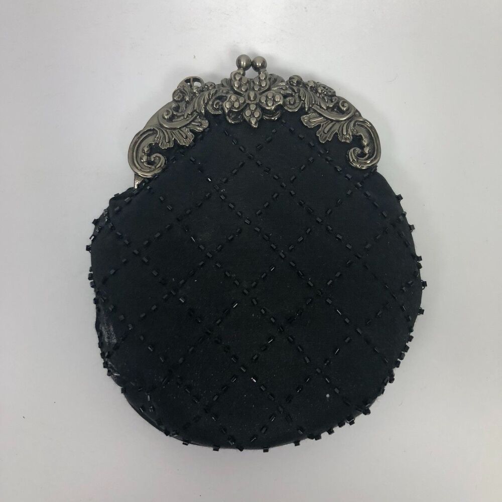 Jessica McClintock Small Black Beaded Evening Bag Purse Clutch Silver Handle